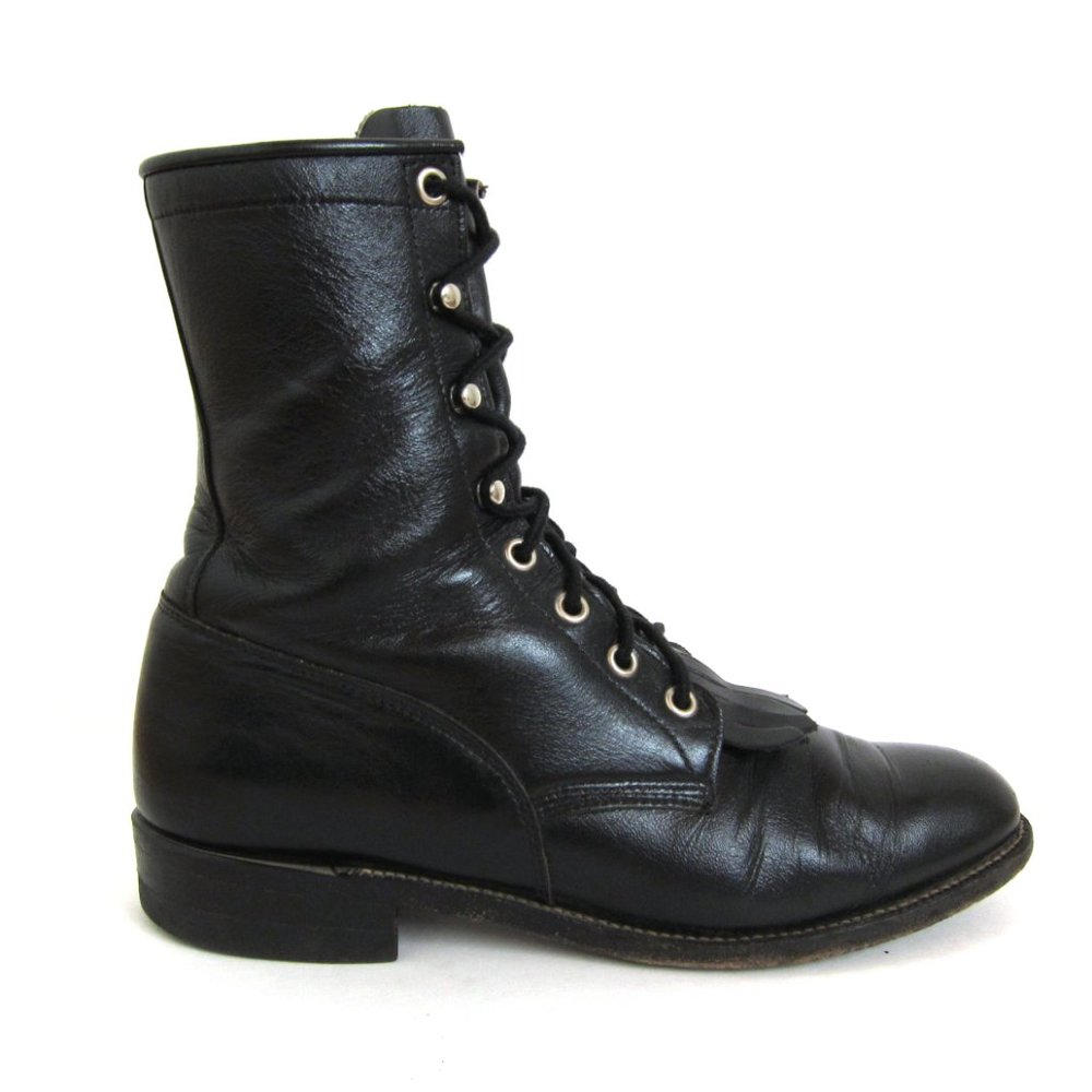 VINTAGE USA Made | Black Leather Justin Boots - Lace Up Granny Boots w Fringe